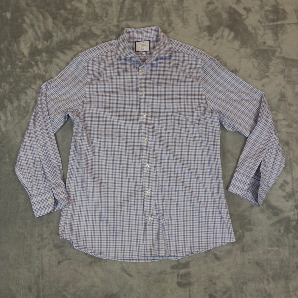 Charles Tyrwhitt Dress Shirt Mens 16/34 Blue Check Slim Fit Non-Iron Button Down